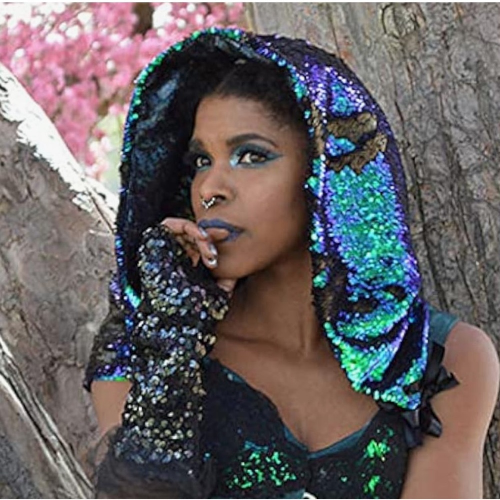 Sequin hood mermaid unicorn apocalyptic rave festival wasteland burner new chain - Picture 8 of 10